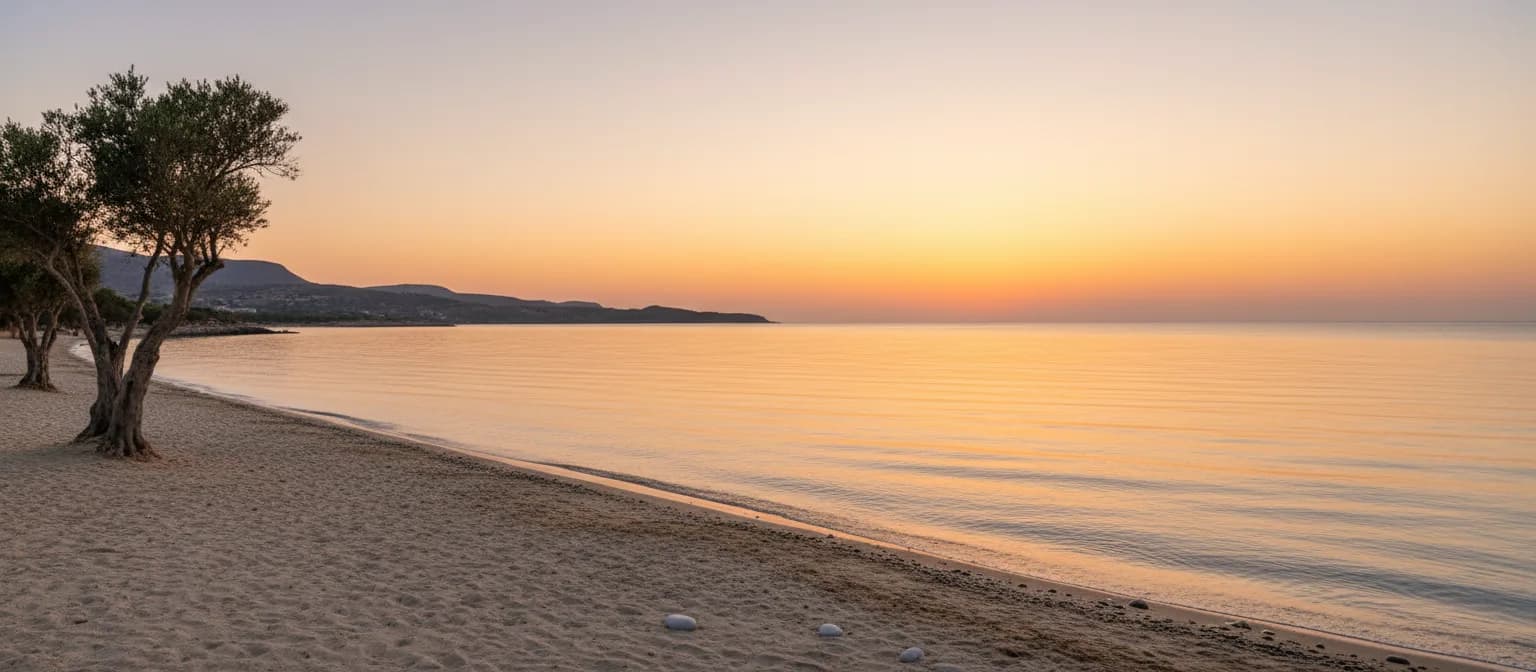 Olive trees leaning over an empty sand beach at sunset